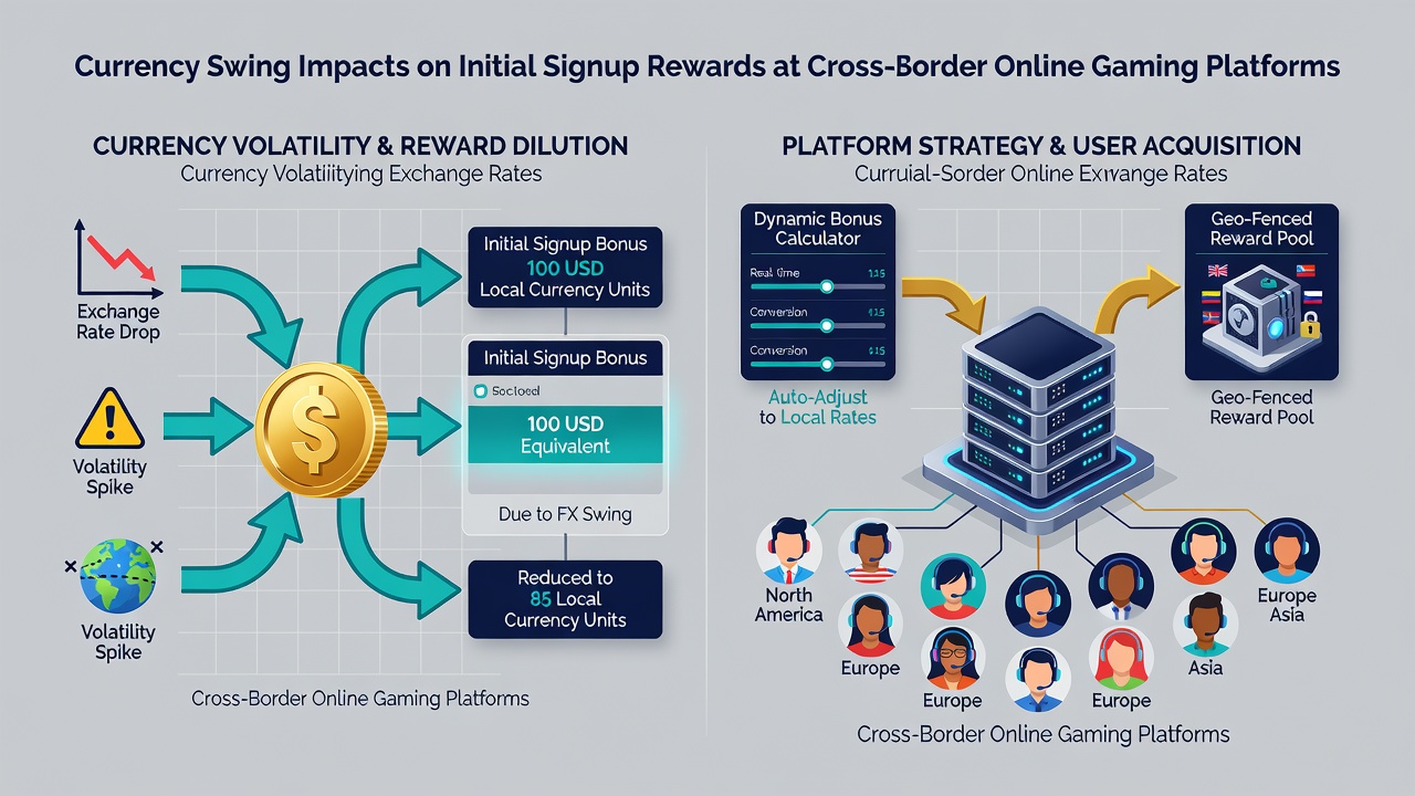 Global map highlighting cross-border online gaming platforms with overlaid currency fluctuation indicators and bonus reward examples