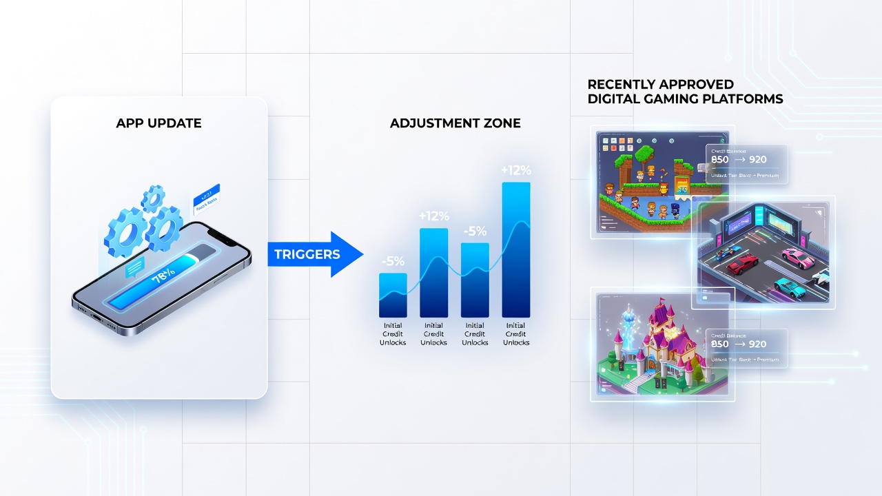 Digital gaming platform interface showing app update notifications and credit unlock progress indicators