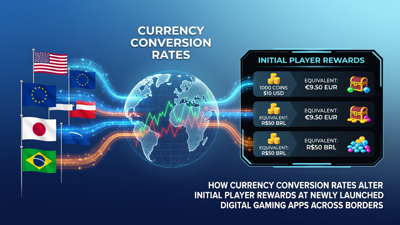 Digital gaming app interface showing currency conversion for player rewards across borders