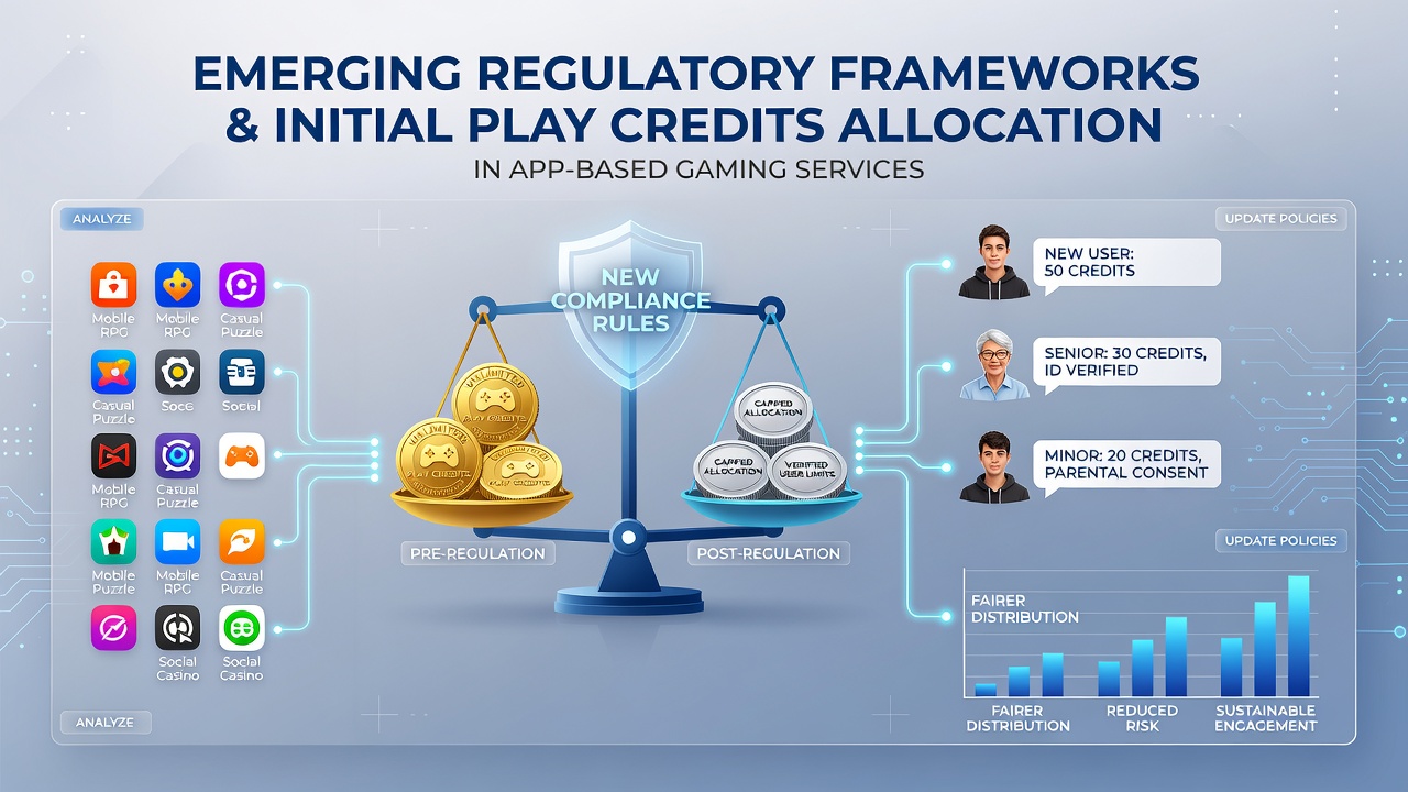 Illustration of regulatory documents and mobile app interfaces showing changes to play credit allocation in gaming services