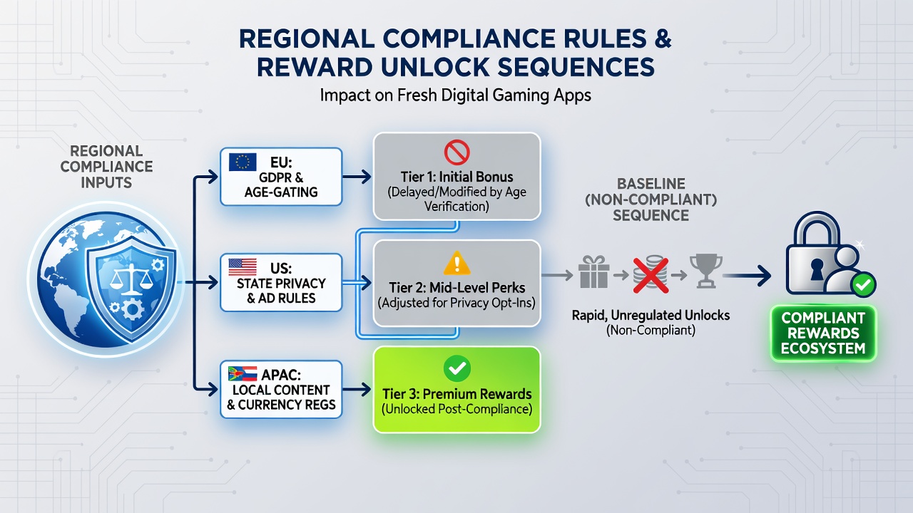 Flowchart illustrating compliance-driven changes to reward unlock order in gaming apps