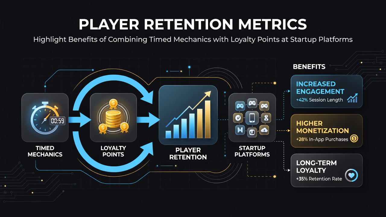 Infographic displaying retention metrics for startup gaming platforms using combined timed events and loyalty point systems