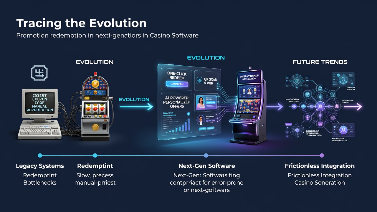 Diagram showing early casino software interfaces transitioning to modern integrated redemption systems